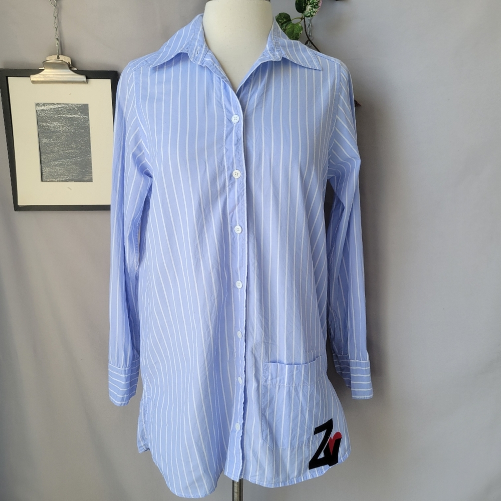 Zadig & Voltaire Pinstripe Button Up Tunic Shirt Blue White M